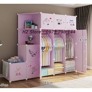 TỦ NHỰA LẮP GHÉP 16 Ô (GỒM 2 KỆ) + 1 Ô VÁCH CỬA CÔNG CHÚA NHỎ TREO ĐỒ ĐA NĂNG THÔNG MINH sâu 47cm