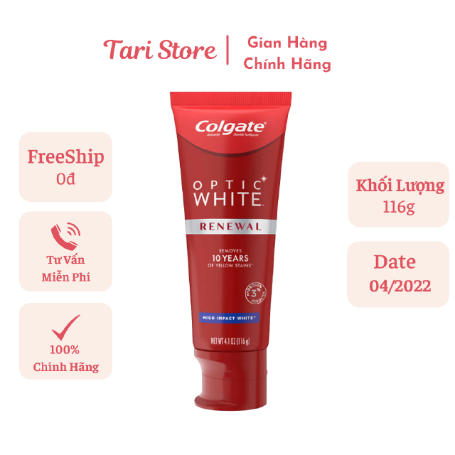 KEM ĐÁNH RĂNG COLGATE OPTIC WHITE RENEWAL CỦA MỸ 116G (REMOVES 10 YEARS OF YELLOW STAINS)