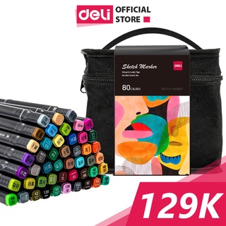 Phiên bản mới - Bút màu dạ marker chuyên nghiệp Deli họa tiết kèm túi vải họa cụ vẽ tranh cao cấp 30 / 40 / 60 / 80 màu