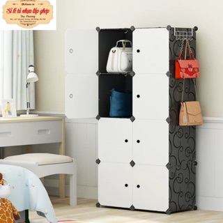 TỦ NHỰA LẮP GHÉP ĐA NĂNG 8 Ô SÂU 47cm( thân đen kết trắng). Tặng kèm 1 treo đồ và 1 móc cài sườn tủ.