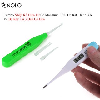Combo Nhiệt Kế Điện Tử Có Màn hình LCD Đo Chính Xác Và Bộ Ráy Tai 3 Đầu Có Đèn Dùng Nguồn Pin AG13