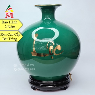 Bình Hút Lộc Gốm Sứ Bát Tràng Xanh Ngọc Vẽ Vàng Chữ Lộc Và Cây Đào. Kèm Cốt Hút Lộc