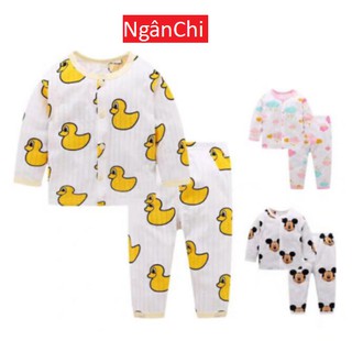 Bộ cotton giấy dài tay cúc giữa nằm điều hòa hè cho bé trai bé gái