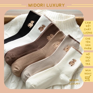 Tất nữ cổ cao vải cotton thêu hình chú gấu hoạt hình, Vớ nữ cao cổ phong cách Hàn Quốcw