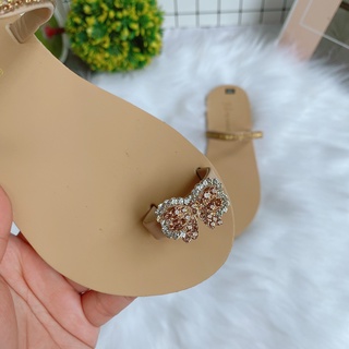 Dép lê nữ xỏ ngón nơ đá vàng 1 quai lên chân cực xinh