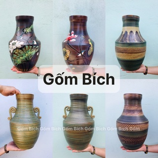 Bình Hoa Lọ Hoa Gốm Có Tai Men Thuần Mộc Cao 35cm Gốm Sứ Bát Tràng - Gốm Bích