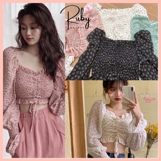 Áo croptop hoa nhí vintage dáng ôm body, Áo croptop nữ dài tay dây rút mặc cực xinh