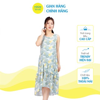 Váy Bầu Thiết Kế Thời Trang Tơ Đũi Lá FOCHI - Đầm Bầu Công Sở Đuôi Cá Dáng Dài, In Hình 3D Họa Tiết Lá VB188