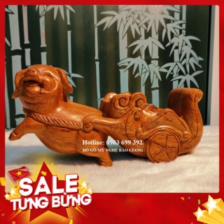 Tượng con lợn con heo kéo xe trang trí gỗ hương