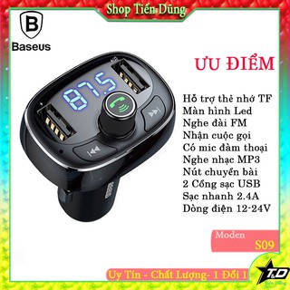 Tẩu sạc đa năng trên xe hơi BASEUS S09 T-Typed Wireless MP3 Car Charger (3.4A Dual USB PortBluetooth MP3 TF Card/FM) kết