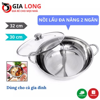 Nòi lẩu đa năng 2 ngăn Inox Size 32cm tiện dụng - Nồi lẩu gia đình 2 ngăn kèm vung kính
