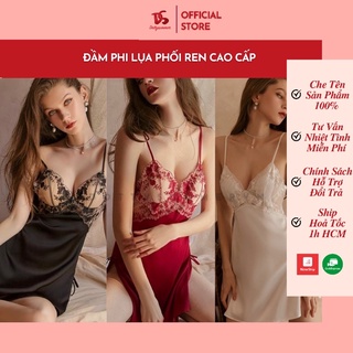 [Cao Cấp] Đầm Ngủ Phi Lụa Phối Ren Sang Trọng &amp; Gợi Cảm, Đầm Nữ Xẻ Tà Thêu Hoa Nổi Bật Quyến Rũ