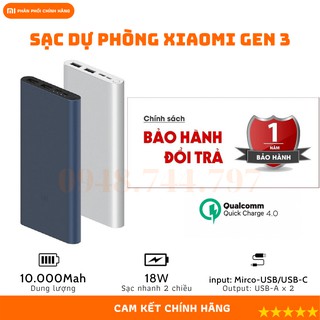 Sạc dự phòng, Pin sạc dự phòng Xiaomi Gen 3 sạc nhanh 18W dung lượng thực 10000mAh