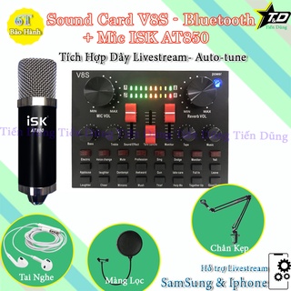 Bộ Mic Thu Âm AT850 và Sound Card V8S Có Auto-tune, Tích Hợp Pin, Bluetooth Chân Màng - Bộ Mic Livestream Đã Có Thể Hát