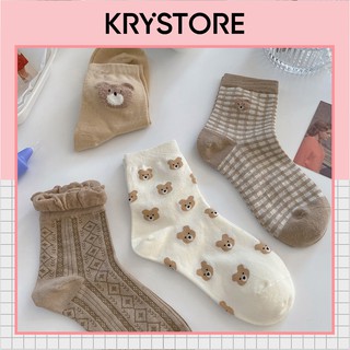 Tất nữ cao cổ hình gấu VINTAGE set màu nâu đẹp phong cách Hàn Quốc TC09