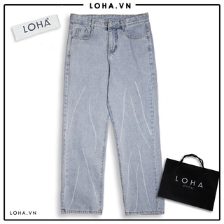 Quần bò nam dáng rộng ống suông hoạ tiết mèo cào màu xanh nhạt quần jeans unisex thời trang LOHA