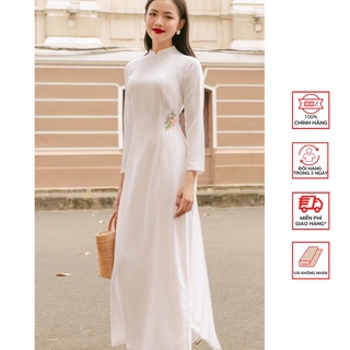 Áo Dài Lụa FOR HER Hoa Thêu Trắng  AD01682