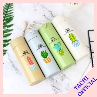 Bình đựng nước lõi thủy tinh vỏ nhựa lúa mạch in hình xương rồng dễ thương dung tích 400ml giữ nhiệt,có dây xách