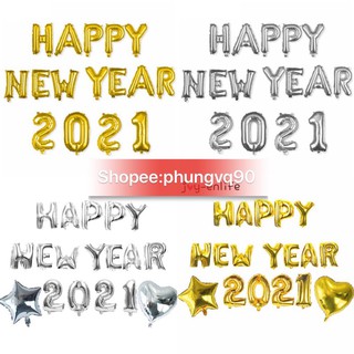 (Năm 2022) Bóng chữ +  số chúc mừng năm mới HAPPY NEW YEAR 2022 ( kèm bóng sao -tim ) .