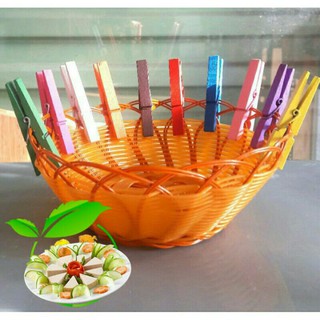 Set rổ nhựa giả mây + 10 kẹp gỗ màu 7cm