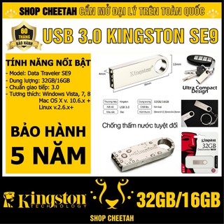 USB 3.0 Kingston 32GB/16GB DataTraveler SE9 – Vỏ thép nguyên khối – Chịu va đập – Kháng nước – CHÍNH HÃNG – BH 5 năm