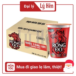 Thùng 48 Ly Nước Tăng Lực Rồng Đỏ Hương Dâu Energy Drink Can 240ml Kèm Ống Hút Date Luôn Mới