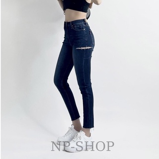 Quần jean nữ lưng cao NP Shop, Quần bò nữ 9 tấc dáng ôm cạp cao co giãn kiểu rách NPQUAN029