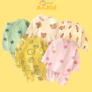 Đồ Bộ Dài Tay Bé Trai, Bé Gái Minky Mom Vải Thun Lạnh Hình Quả Đào, Cà Rốt, Bộ Đồ Dài Tay Mặc Thu Đông Cho Bé AN.KID