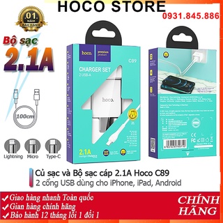 ⚡Mới⚡Bộ sạc nhanh siêu bền Hoco C89 2 cổng USB + cáp sạc X37 cổng ip/tablet táo/Micro/TypeC Android-