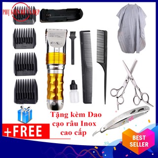 Combo Tông Đơ Cắt Tóc HuaErBo F10 + 2 lược + 1 bộ kéo + áo choàng cắt tóc + dao cạo Inox đa năng