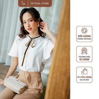 Áo sơ mi cổ trụ viền dây nhung thắt nơ tay lượn TIIN STORE AHN306
