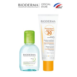 Bộ đôi kem chống nắng dành cho da dầu và da mụn Bioderma Photoderm AKN Mat SPF30 40ml và tẩy trang Sebium H2O 100ml