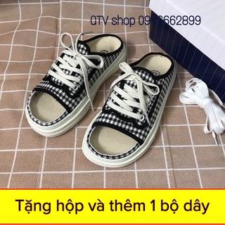 Tặng hộp và 1 bộ dây dự phòng - Giày sục hở mũi dáng thể thao 2 mẫu, vải canvas, độn cao 3,5cm, size 35 đến 39.    .