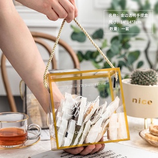 [ĐỒNG GIÁ 12K] Hộp mica/Hộp nhựa PVC trong suốt viền gold 14x14x7cm nhiều mẫu đựng bánh/son/quà tặng có quai xách