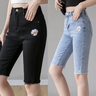 Quần jean ngố nữ Big Size lưng cao, co dãn mạnh, in hình hoa cúc đang hot 3225