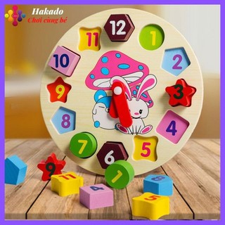 Đồ chơi gỗ đồng hồ số hình khối bằng gỗ giúp bé phân biệt hình khối, máu sắc, cách xem giờ