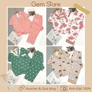 Bộ mặc nhà pijama áo ngắn tay quần dài cổ vest lụa mango