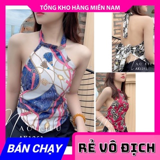 ÁO YẾM HỞ LƯNG IN HỌA TIẾT AK1252 ⚡ẢNH THẬT⚡ ÁO CỘT NƠ SAU