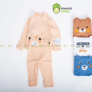 Đồ Bộ Bé Trai, Bé Gái KIMCHIBABY Vải  Len Gân Cao Cổ Tai Gấu Cực Ấm, Bộ Quần Áo Trẻ Em Mặc Nhà Thu Đông KWTD2113