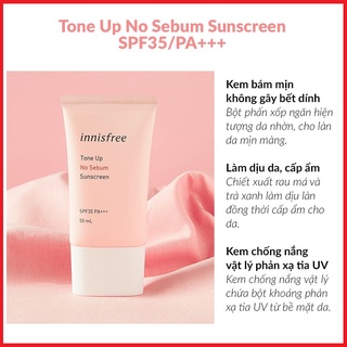 Kem Chống Nắng Nâng Tone, Kiềm Dầu Innisfree Tone Up No Sebum Sunscreen SPF50/PA++++ 50ml