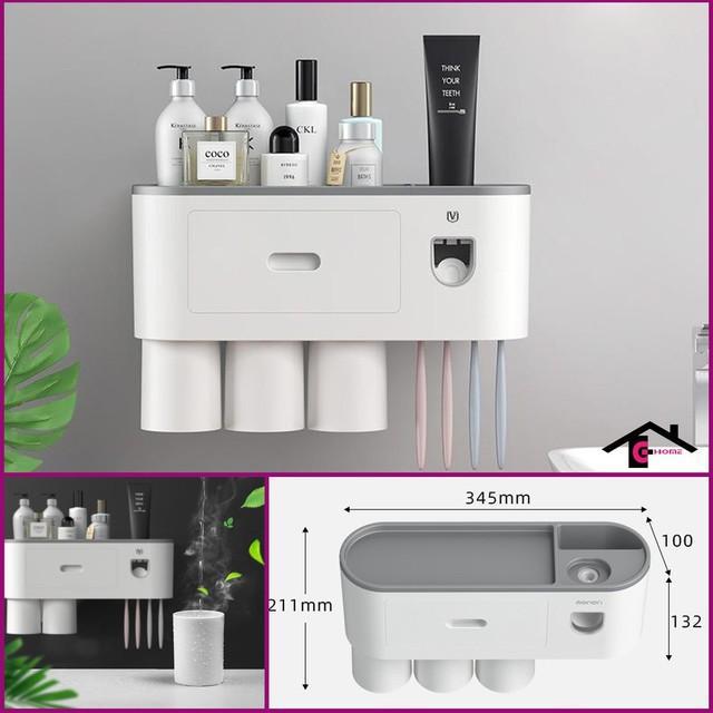 Kệ phòng tắm thông minh đa năng Giá để bàn chải nhả kem tặng kèm 3 cốc hút từ tính