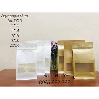 {500gr/1size}- Túi zipper giấy kraft 8 cạnh đáy vuông có cửa sổ (giấy nâu - giấy trắng)