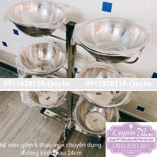 Kệ inox chuyên dụng dành cho spa, sản phẩm kệ inox kèm 6 thau inox, sản phẩm kệ inox kèm 12 thau nhựa thời trang