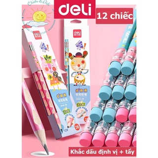 Bút Chì Định vị 2B kèm tẩy Deli hình ngộ nghĩnh hộp 12 chiếc Xanh lá / Xanh lam / Hồng / Vàng