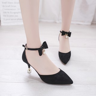 Giày cao gót nhọn 7p bít mũi vòng cổ kết nơ hạt cách điệu TT