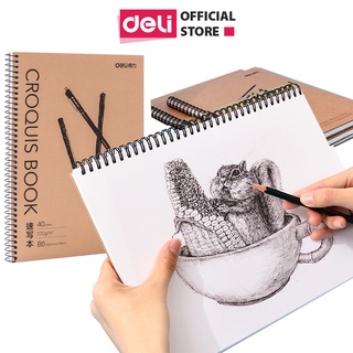 Sổ tay vẽ chì phác thảo sketchbook Deli 40 trang 100gsm khổ ngang A4/B5 gáy lò xo dùng cho mỹ thuật phác họa
