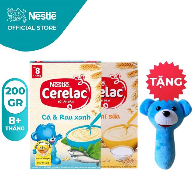 [Tặng Lục Lạc Gấu Cầm Tay] Combo 2 Hộp Bột Ăn Dặm Nestlé Cerelac Cá Rau Xanh Và Lúa Mì Ít Đường 200g/Hộp: