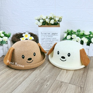 [Bé 2-4 tuổi] Nón Mũ Cói Có Quai Cho Bé Trai Bé Gái Từ 2 3 4 Tuổi Vòng Đầu 51cm Hình Chú Chó Dễ Thương - Doni House