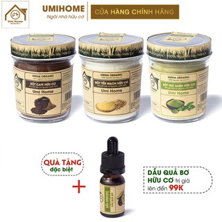 Combo 3 Bột UMIHOME gồm Bột cafe, Bột yến mạch, Bột trà xanh (125gx3) - Tặng Tinh Dầu Quả Bơ 10ml