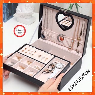 Hộp Đựng Trang Sức 2 Tầng Bọc Da Pu Nhiều Ngăn Có Gương Hình Trái Tim Và Chìa Khoá